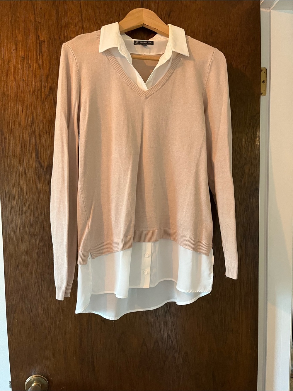 Layered V-Neck Sweater with Faux Shirt - Blush Pink & White